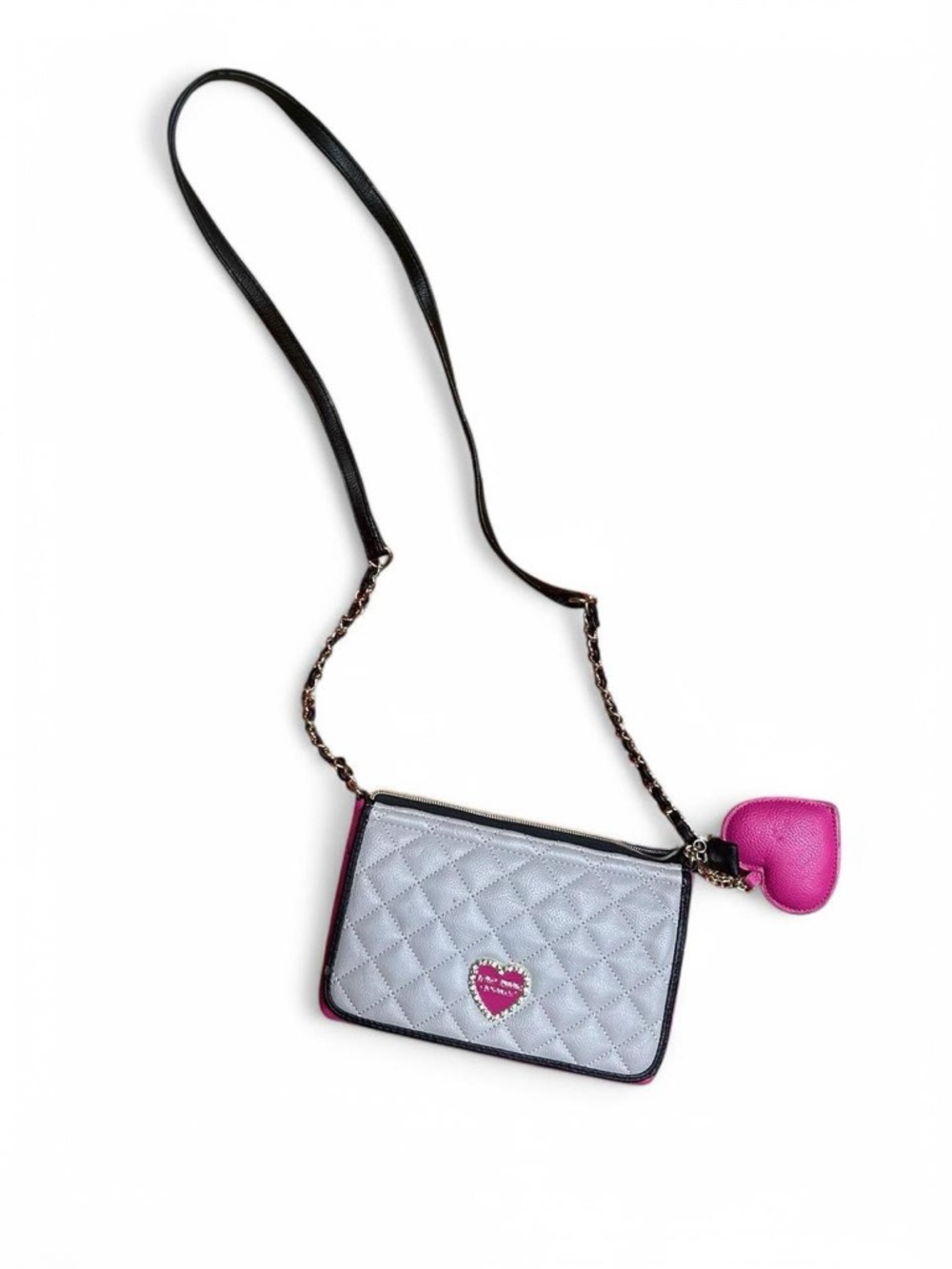 Betsey Johnson Quilted Heart Crossbody Bag Pink Gray Chain Strap